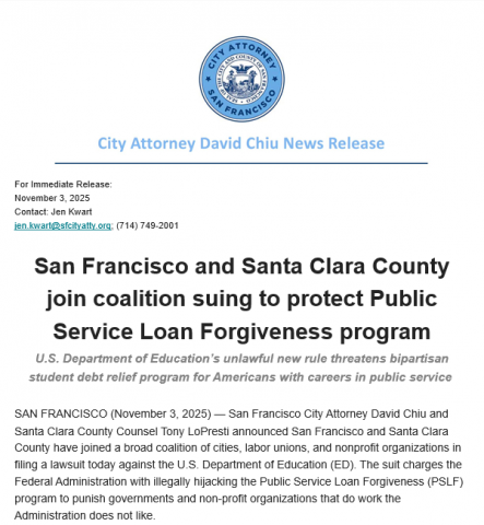 San Francisco and Santa Clara County join coalition suing to protect Public Service Loan Forgiveness program Press Release image