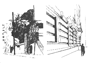 elongated blnk wall of building